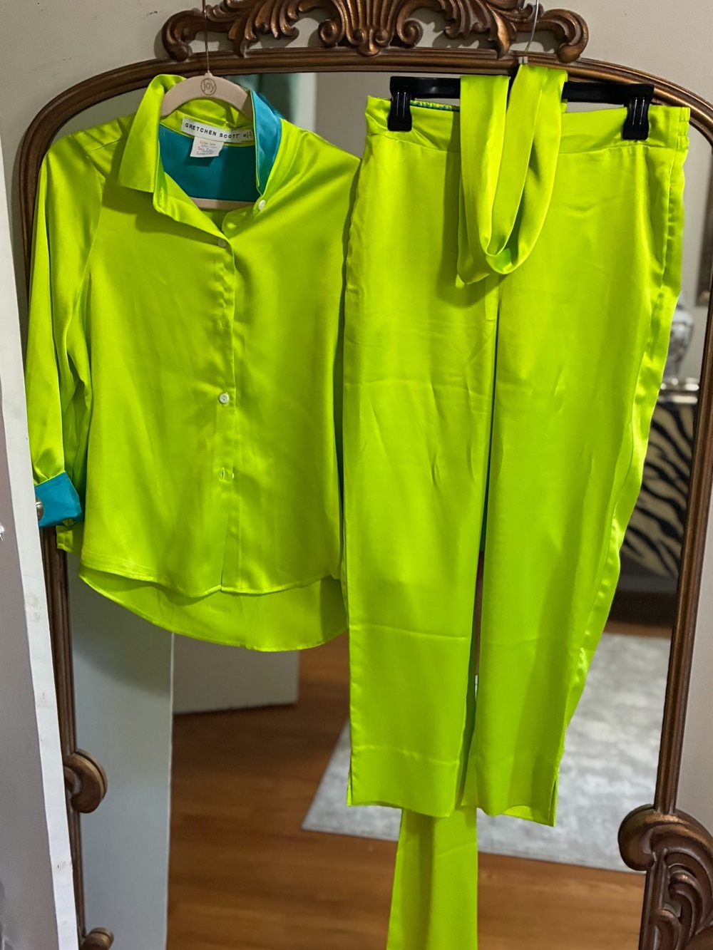 Gretchen Scott Designs Neon Lime Satin Trousers with Tie Belt and top